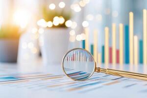 Magnifying glass reveals detailed business analysis with colorful graphs on a table surrounded by a bright and cheerful office setting photo