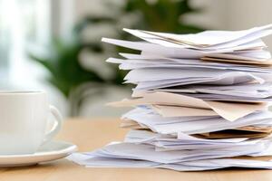 Stack of unorganized papers on a wooden table beside a cup of coffee in a bright office environment photo