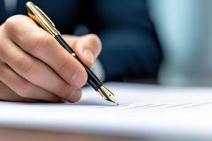Hand holding a fountain pen poised to write on crisp white paper with blurred background of a professional setting during the day photo