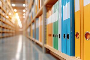 Colorful file folders neatly arranged on shelves in a modern office with warm lighting and a spacious layout photo