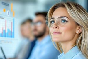 Young professional woman with glasses participates in a business strategy meeting in a modern office setting photo