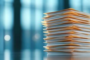Stacked documents in an office setting with blurred background highlighting organized paperwork and productivity photo