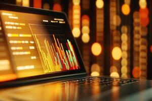 Data analytics on laptop screen with vibrant visualizations in a modern workspace setting at night photo