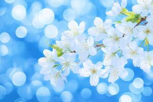 Cherry blossom branches adorned with delicate white flowers against a vibrant blue bokeh background photo