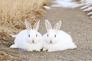Two fluffy white rabbits lounging on a dirt path surrounded by dry grass during a winter day photo