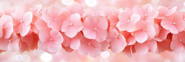 Beautiful arrangement of pink hydrangea flowers on a reflective surface during spring season photo