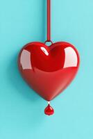Bright red heart decoration hanging against a light blue background with a small droplet at the bottom creating a playful contrast in colors photo