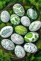 Decorative green-themed Easter eggs arranged on mossy nest showcasing intricate botanical designs in various shades of green photo
