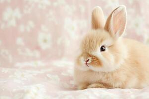 Cute fluffy rabbit resting on a soft pink background surrounded by delicate floral patterns during a calm afternoon photo