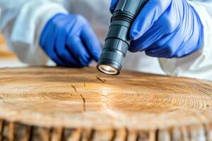 Examining wood grain and defects using a flashlight in a laboratory setting at mid-morning photo