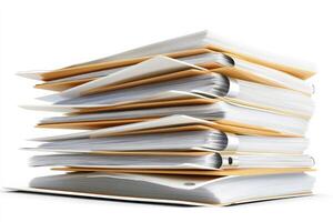 Stacked folders and documents organized for review in a workspace at a late afternoon setting photo