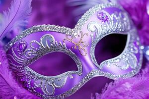 Decorative purple masquerade mask with intricate design and sparkling embellishments set against a vibrant background photo