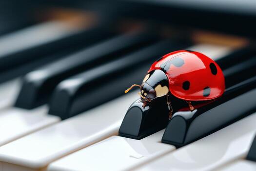 Red ladybug rests on piano keys, creating a whimsical blend of nature and music in a surreal artistic composition photo