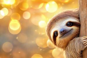 Sloth smiles while resting on a tree branch surrounded by a dreamy bokeh background in a sunny forest photo