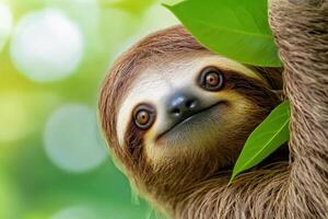 Curious sloth peeking through lush green leaves in a tropical rainforest setting during the daytime photo