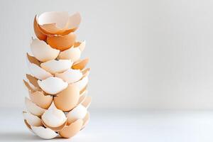 Stack of eggshells forming a creative abstract sculpture with soft natural lighting in a minimalist setting photo