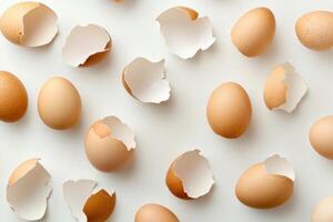 Cracked eggshells arranged in an abstract pattern on a white surface highlight modern culinary aesthetics photo