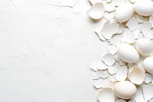 Cracked eggshells arranged in an abstract pattern on a white surface highlighting modern food presentation in soft neutral tones photo