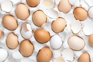 Cracked eggshells artfully arranged in an abstract pattern on a white surface highlighting modern food aesthetics photo