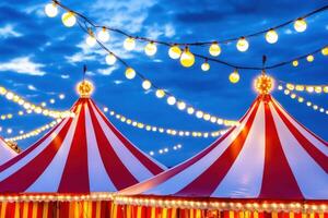 Bright carnival tent with red and white stripes illuminated by festive lights against a twilight sky creating a magical atmosphere of joy and celebration photo