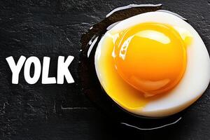 Single egg yolk beautifully displayed on a dark background with bold text emphasizing the word yolk, showcasing minimalistic food art photo