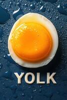 Single egg yolk highlighting minimalism with dramatic lighting on a dark background featuring the word YOLK artistically arranged photo