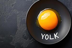 Minimalistic presentation of a bright egg yolk surrounded by dramatic lighting and a bold caption creating a striking contrast on a dark background photo