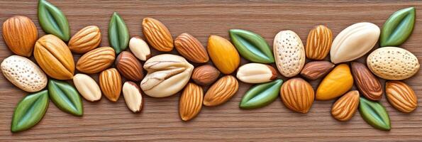 Variety of mixed nuts including walnuts, almonds, cashews, and pecans displayed on a textured wooden surface highlighting natural snacks photo