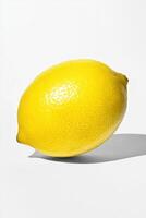 Minimalist composition features a single lemon suspended in mid-air, showcasing simplicity and freshness against a clean white background photo