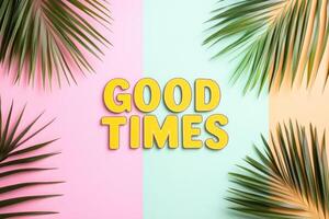 Bold and bright words proclaim good times against a pastel background with tropical leaves, creating a cheerful and uplifting atmosphere perfect for summer photo