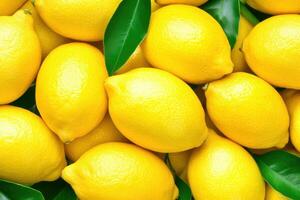 Bright yellow lemons arranged on a clean white surface highlighting vibrant color contrast and natural texture in a creative and organic pattern photo