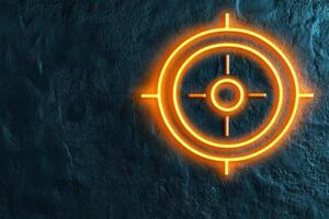 Modern abstract orange target symbol glowing with neon effect on dark textured background creating a futuristic atmosphere photo