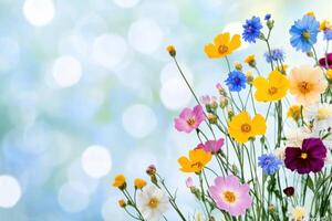 Vibrant floral wall displays an array of fresh multicolored flowers with a dreamy spring ambiance and soft bokeh effect photo