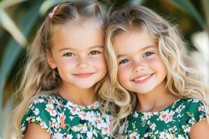 Two little girls in floral dresses sharing a joyful hug in a suburban park during a warm sunny day photo