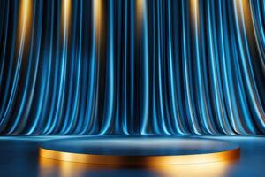 Elegant award ceremony stage with deep blue backdrop and golden spotlights illuminating the podium in a luxurious setting photo