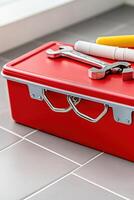 Fully equipped plumbers toolbox with wrenches, pipe cutters, and sealing tape arranged neatly on a tiled floor ready for professional plumbing tasks photo