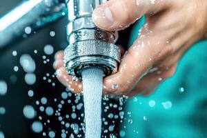 Close-up of plumbers hands using pipe wrench to tighten leaking pipe under kitchen sink with water droplets creating dramatic effect photo