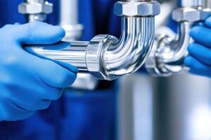 Professional plumber repairs kitchen sink pipe in modern home setting, showcasing expertise and precision with tools and equipment photo