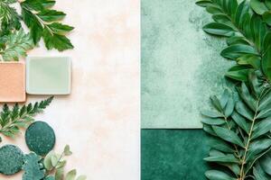 Nature-inspired design board showcasing hand-painted textures, botanical sketches, and ceramic samples in deep forest greens and warm rust tones photo