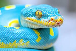 Rare pastel blue python curled up, showcasing its unique scale pattern and vibrant colors in a soft, natural setting photo