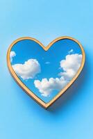 Decorative heart-shaped mirror reflecting blue sky and fluffy clouds creates a dreamy romantic atmosphere suitable for moodboard concepts photo