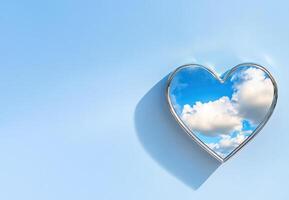 Decorative heart-shaped mirror reflecting a bright blue sky with fluffy clouds in a serene setting photo