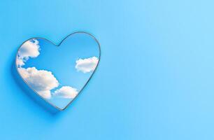 Decorative heart-shaped mirror reflecting clouds against a bright blue background creating a serene atmosphere photo