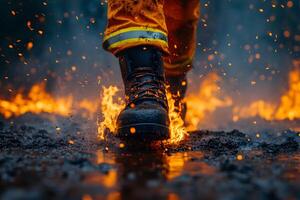 Resilient Firefighter Walking Through Flames in Protective Gear for Emergency Responder Themes photo