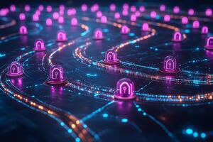 Futuristic Cybersecurity Concept with Glowing Locks on Digital Circuit Pathways photo