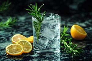Refreshing Sparkling Water with Lemon and Rosemary Garnish for Elegant Dining Decor photo
