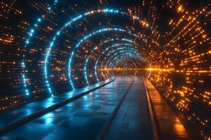 Futuristic Neon Tunnel Illuminated with Blue and Orange Lights for Sci-Fi Design Concepts photo