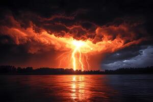 Dramatic Lightning Storm Over Water at Sunset with Striking Clouds photo