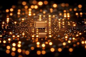 Futuristic Circuit Board with Glowing Microchip for Technology Innovation Design photo