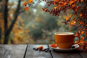 Autumn Coffee Moment on Rustic Wooden Table with Orange Foliage and Warm Lighting photo